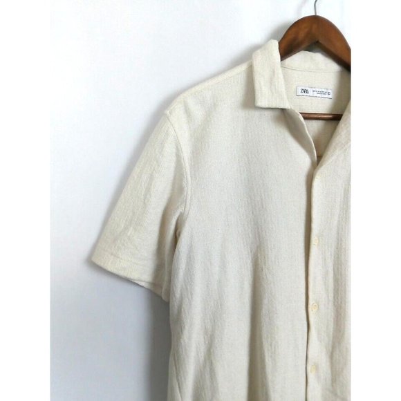 Zara Shirt Men's Size M Beige Cream Textured Woven Knit Thick Button Up - Picture 5 of 10